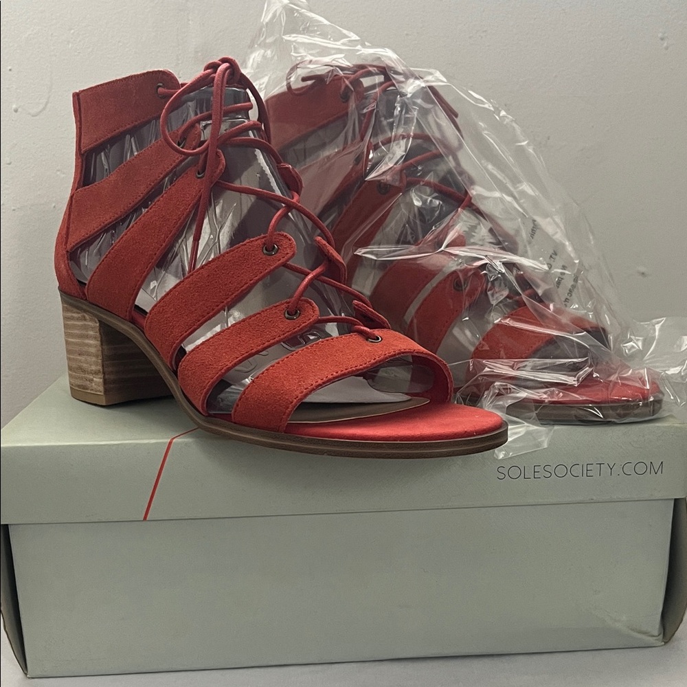 Sole Society Red Lace-Up Heeled Sandals